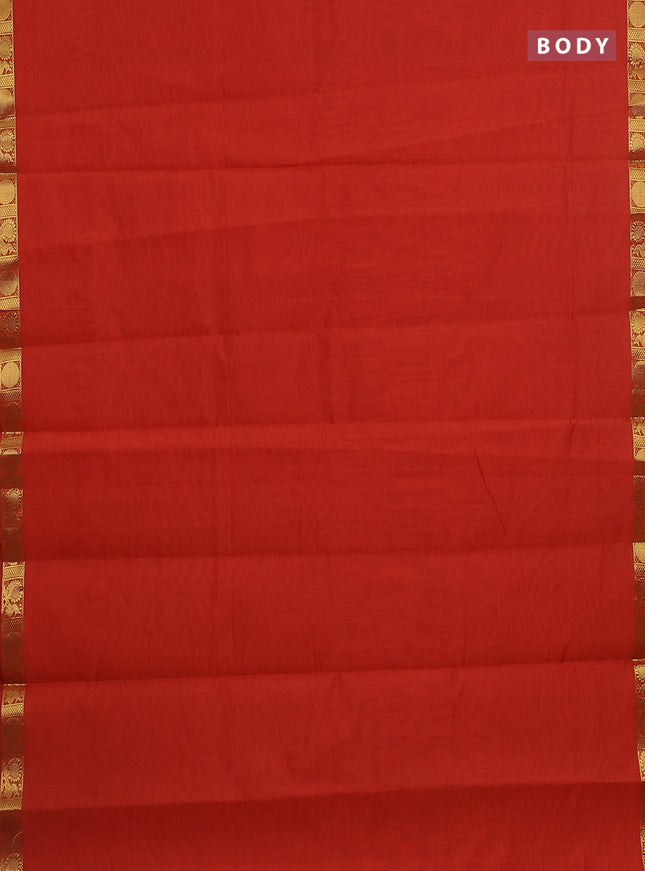 10 Yards poly cotton saree rustic orange and green with plain body and annam zari woven border