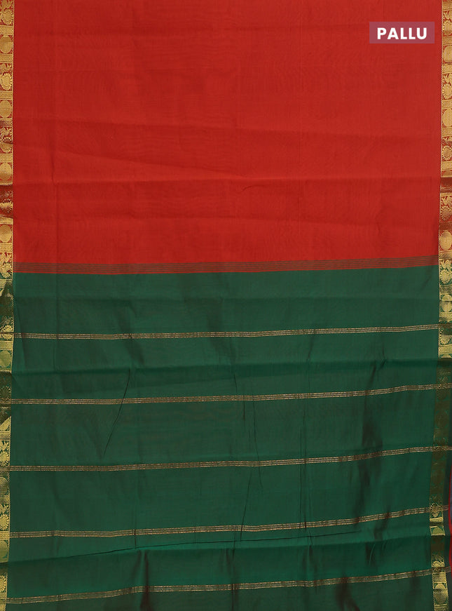 10 Yards poly cotton saree rustic orange and green with plain body and annam zari woven border
