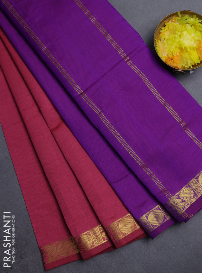 10 Yards poly cotton saree pastel maroon and violet with plain body and annam zari woven border