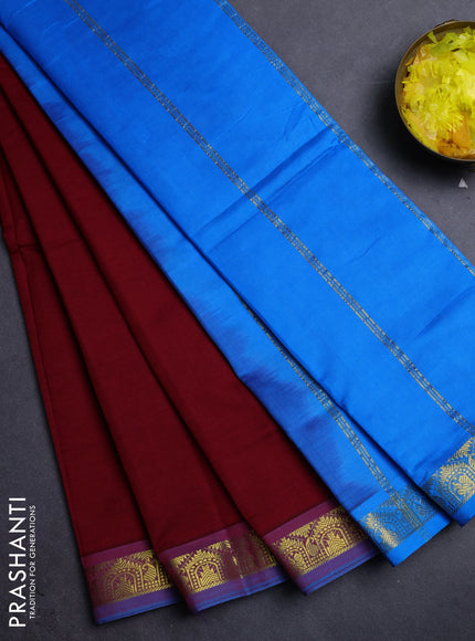 10 Yards poly cotton saree maroon and teal blue with plain body and zari woven border