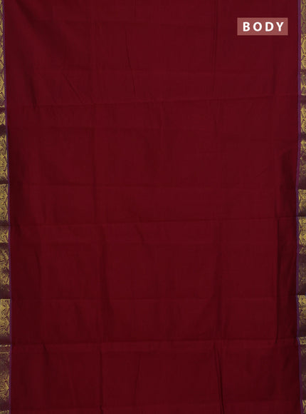 10 Yards poly cotton saree maroon and teal blue with plain body and zari woven border