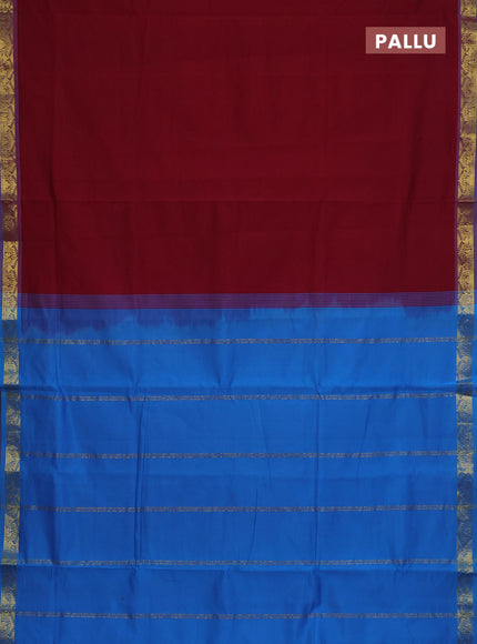 10 Yards poly cotton saree maroon and teal blue with plain body and zari woven border