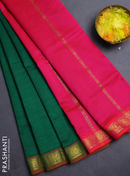 10 Yards poly cotton saree bottle green and pink with plain body and zari woven border