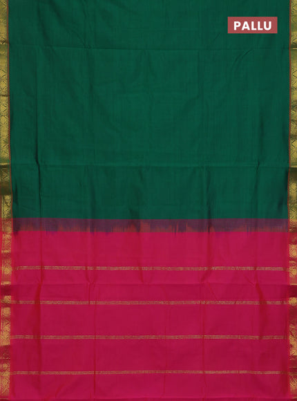10 Yards poly cotton saree bottle green and pink with plain body and zari woven border