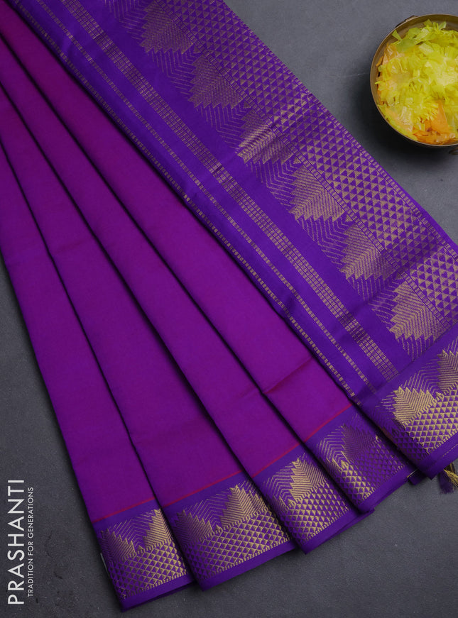 10 Yards poly cotton saree purple and violet with plain body and temple zari woven border