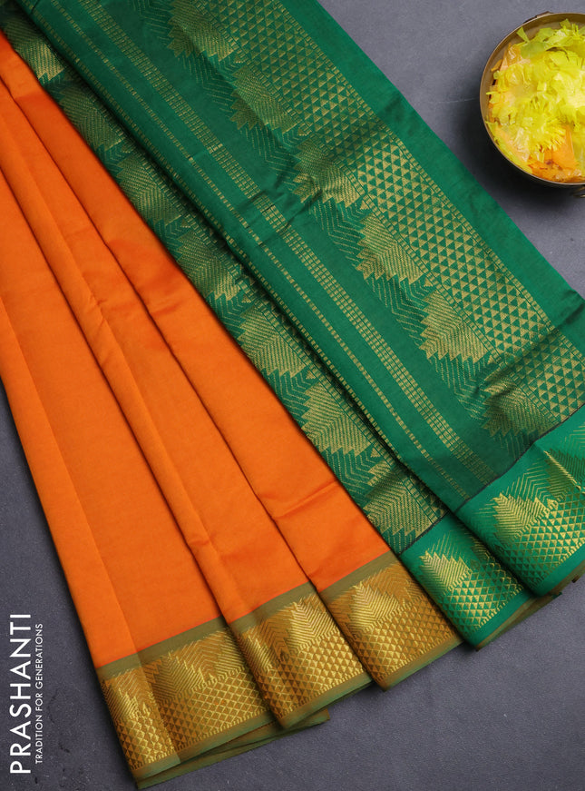 10 Yards poly cotton saree sunset orange and green with plain body and temple zari woven border