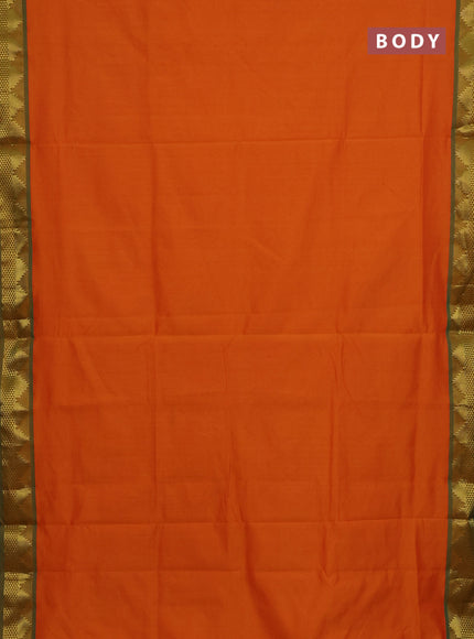 10 Yards poly cotton saree sunset orange and green with plain body and temple zari woven border