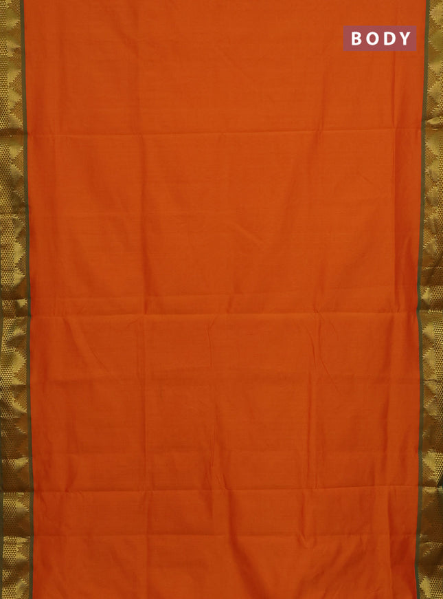 10 Yards poly cotton saree sunset orange and green with plain body and temple zari woven border