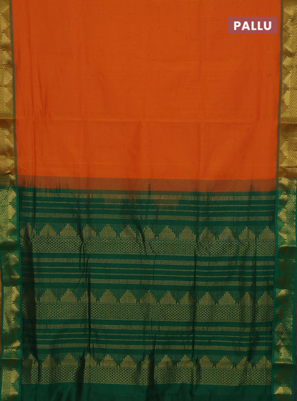 10 Yards poly cotton saree sunset orange and green with plain body and temple zari woven border