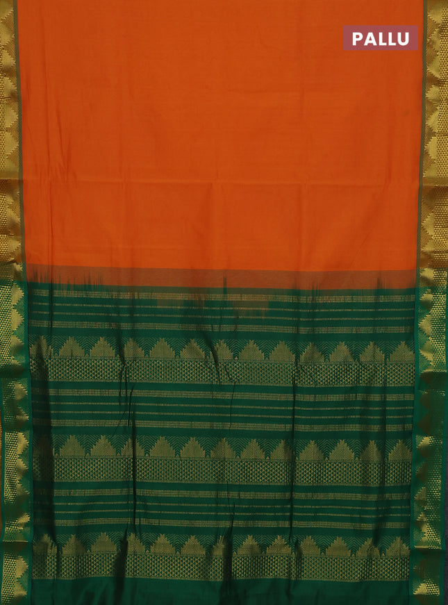 10 Yards poly cotton saree sunset orange and green with plain body and temple zari woven border