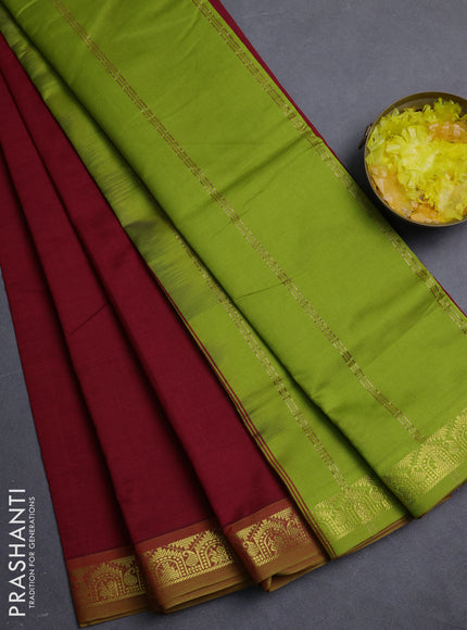 10 Yards poly cotton saree maroon and light green with plain body and temple zari woven border