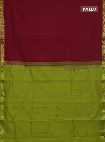 10 Yards poly cotton saree maroon and light green with plain body and temple zari woven border