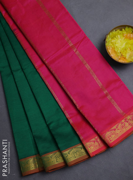 10 Yards poly cotton saree green and pink with plain body and temple zari woven border