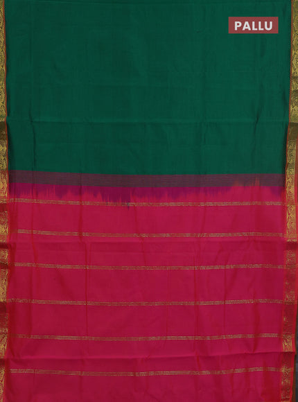10 Yards poly cotton saree green and pink with plain body and temple zari woven border