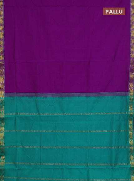 10 Yards poly cotton saree purple and teal green with plain body and paisley zari woven border
