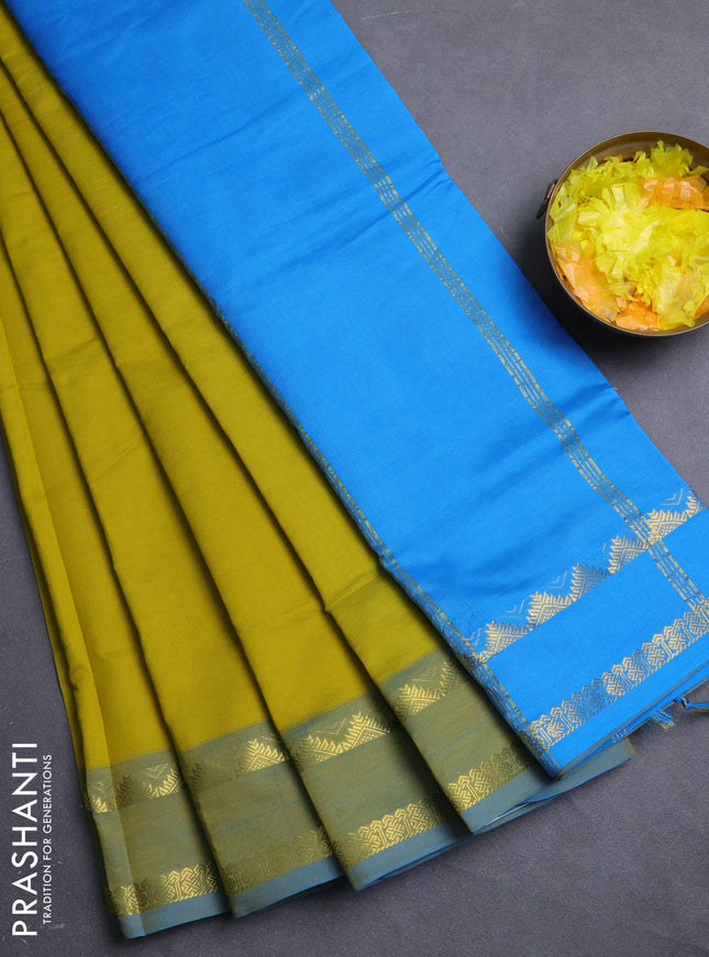 10 Yards poly cotton saree lime yellow and cs blue with plain body and rettapet temple zari woven border
