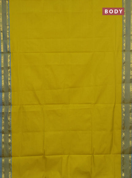 10 Yards poly cotton saree lime yellow and cs blue with plain body and rettapet temple zari woven border