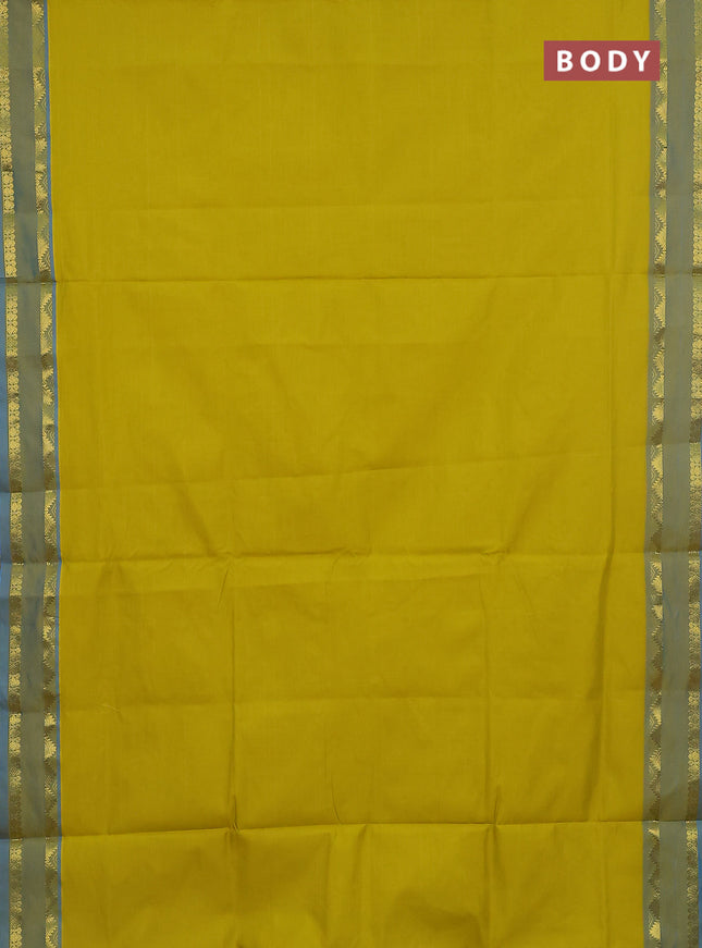 10 Yards poly cotton saree lime yellow and cs blue with plain body and rettapet temple zari woven border