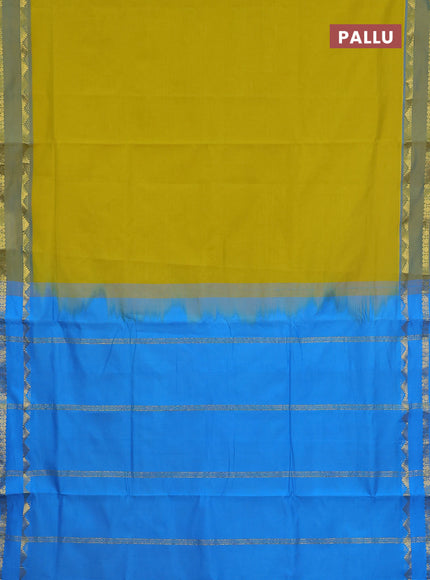 10 Yards poly cotton saree lime yellow and cs blue with plain body and rettapet temple zari woven border