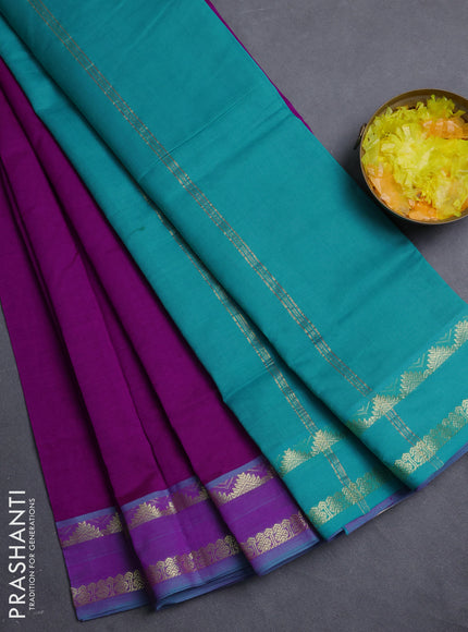 10 Yards poly cotton saree purple and teal green with plain body and rettapet temple zari woven border