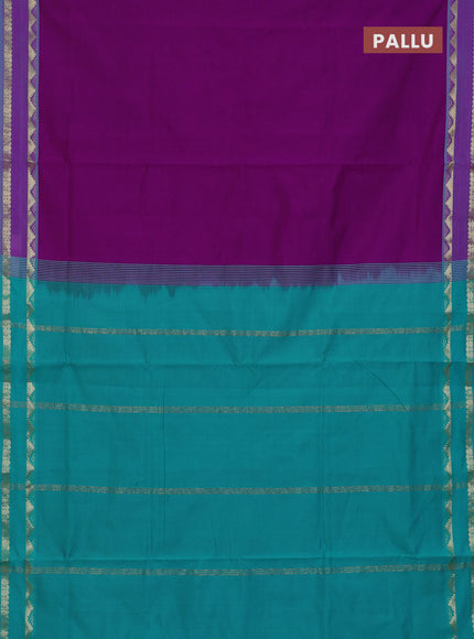 10 Yards poly cotton saree purple and teal green with plain body and rettapet temple zari woven border