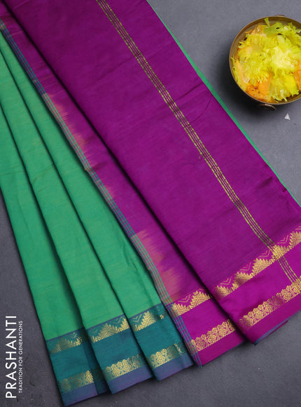 10 Yards poly cotton saree dual shade of green and violet with plain body and rettapet zari woven border