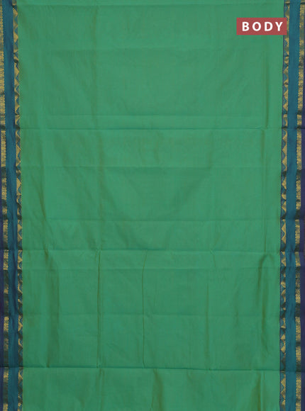 10 Yards poly cotton saree dual shade of green and violet with plain body and rettapet zari woven border