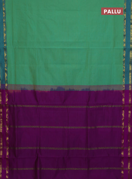 10 Yards poly cotton saree dual shade of green and violet with plain body and rettapet zari woven border