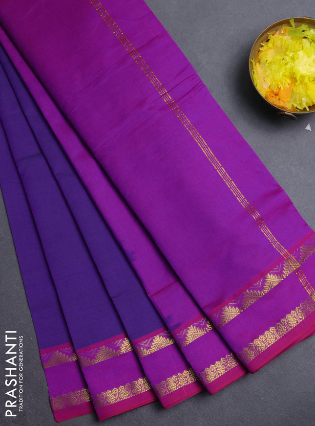 10 Yards poly cotton saree violet and purple with plain body and rettapet temple zari woven border