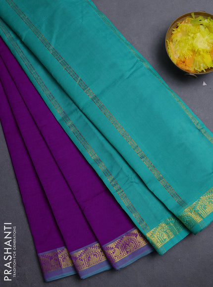 10 Yards poly cotton saree purple and teal green with plain body and zari woven border