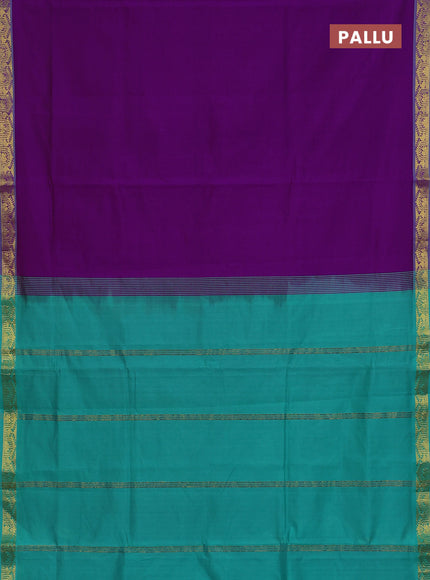 10 Yards poly cotton saree purple and teal green with plain body and zari woven border