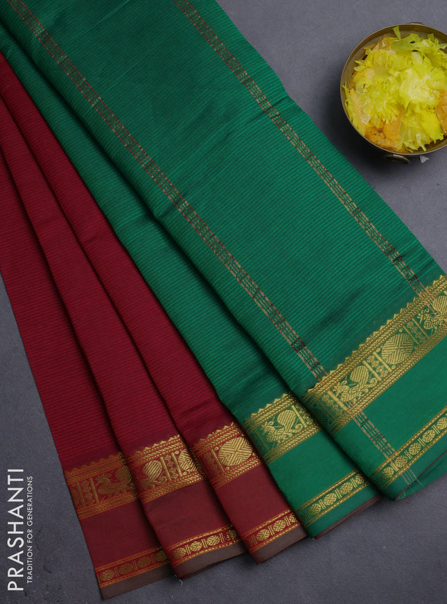 10 Yards poly cotton saree maroon and green with plain body and rettapet zari woven border