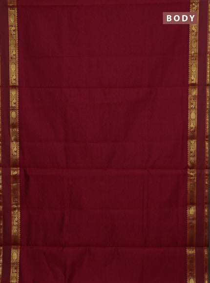 10 Yards poly cotton saree maroon and green with plain body and rettapet zari woven border