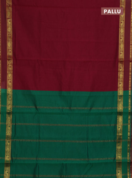 10 Yards poly cotton saree maroon and green with plain body and rettapet zari woven border