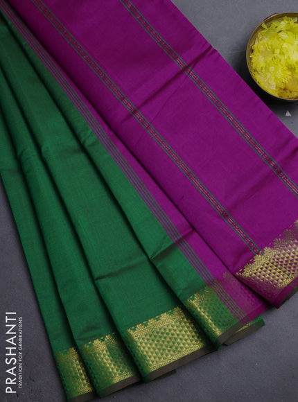 10 Yards poly cotton saree green and magenta pink with plain body and zari woven border