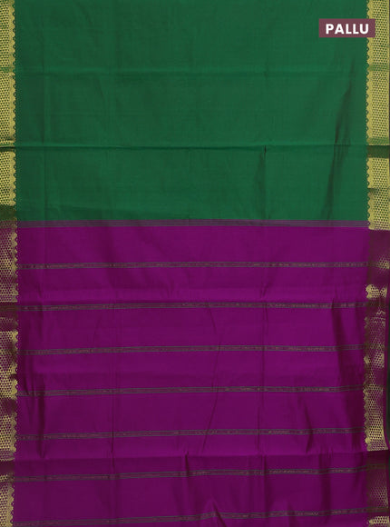 10 Yards poly cotton saree green and magenta pink with plain body and zari woven border