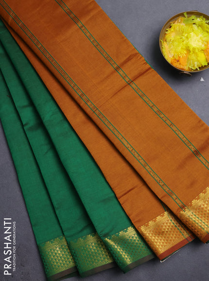 10 Yards poly cotton saree green and dark mustard with plain body and zari woven border