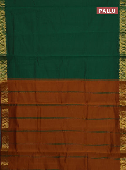10 Yards poly cotton saree green and dark mustard with plain body and zari woven border