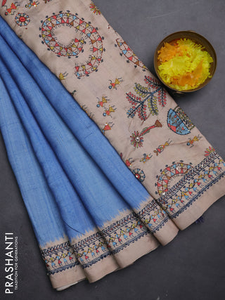 Semi tussar saree blue shade and beige with plain body and warli prints kantha stitch work border