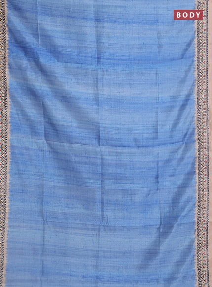 Semi tussar saree blue shade and beige with plain body and warli prints kantha stitch work border