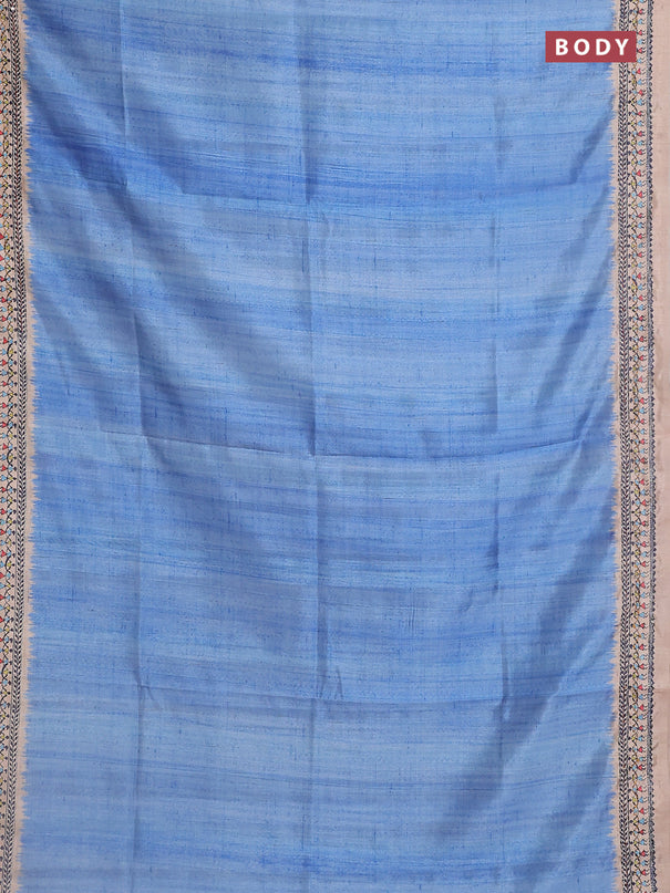 Semi tussar saree blue shade and beige with plain body and warli prints kantha stitch work border