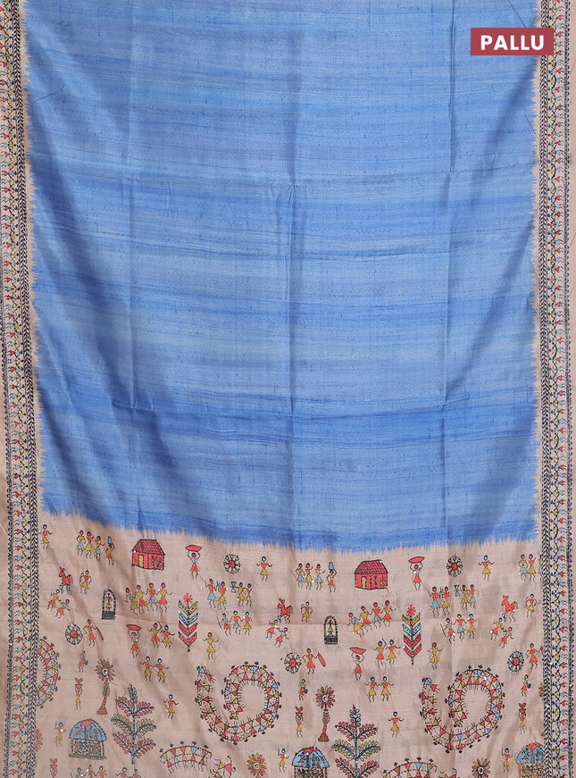 Semi tussar saree blue shade and beige with plain body and warli prints kantha stitch work border