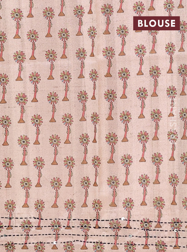 Semi tussar saree blue shade and beige with plain body and warli prints kantha stitch work border