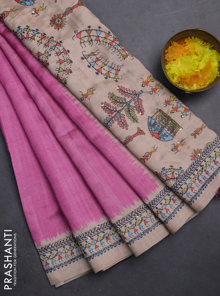 Semi tussar saree pink and beige with plain body and warli prints kantha stitch work border
