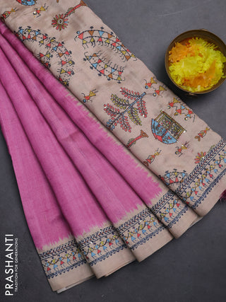 Semi tussar saree pink and beige with plain body and warli prints kantha stitch work border
