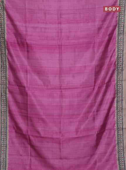 Semi tussar saree pink and beige with plain body and warli prints kantha stitch work border