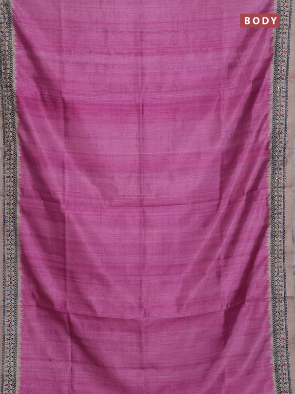 Semi tussar saree pink and beige with plain body and warli prints kantha stitch work border