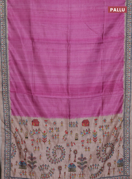 Semi tussar saree pink and beige with plain body and warli prints kantha stitch work border