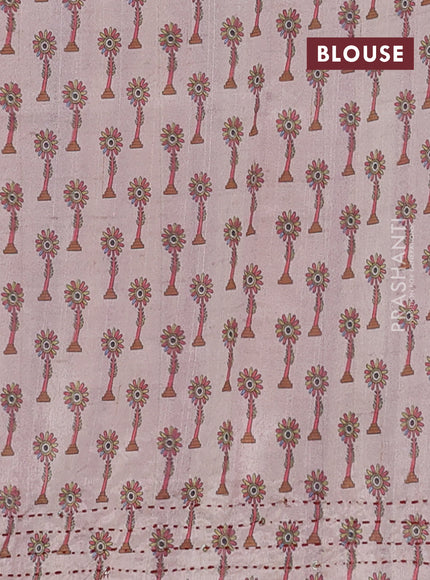 Semi tussar saree pink and beige with plain body and warli prints kantha stitch work border