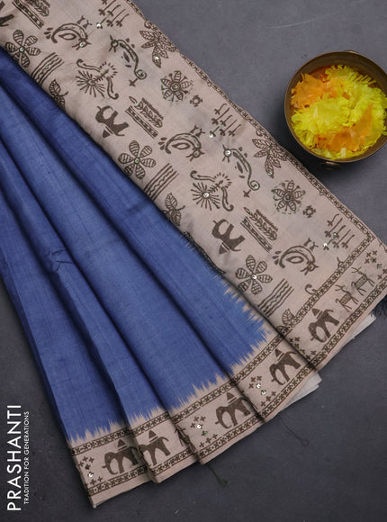 Semi tussar saree blue shade and beige with plain body and warli prints kantha stitch work border